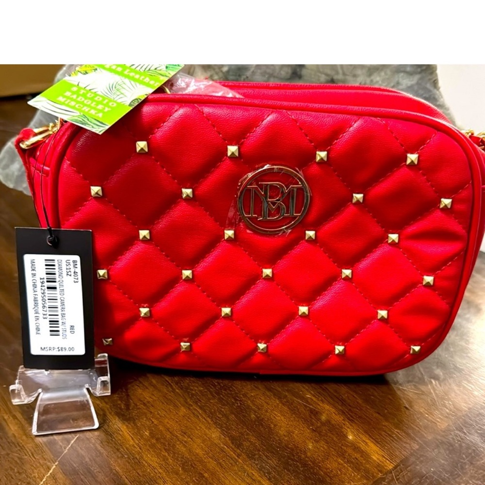 Badgley Mischka Diamond Quilted Camera Bag With Studs Red Crossbody Vegan Purse